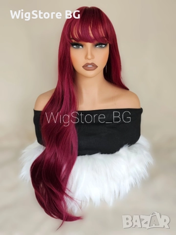 Червена бордо перука с бретон на леки къдрици, снимка 3 - Аксесоари за коса - 52364360
