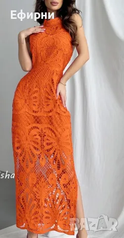 Дълга рокля дантела, Елегантна рокля дантела, Черна рокля дантела, Оранжева дантелена рокля, снимка 4 - Рокли - 47274650