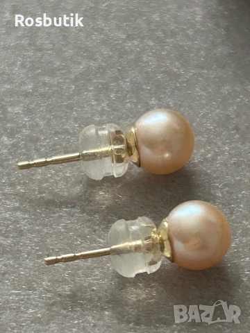 Златни обеци  с естествени розови перли ААА, снимка 5 - Обеци - 53366590