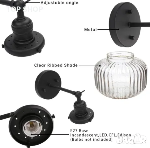 JIMUBEAM индустриална ретро стенна лампа стъклен абажур с прозрачни райета, снимка 2 - Лампи за стена - 49731234