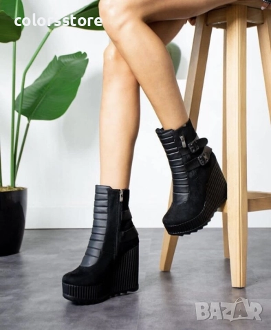 Боти на платформа - черен велур с черно ходило - B2001