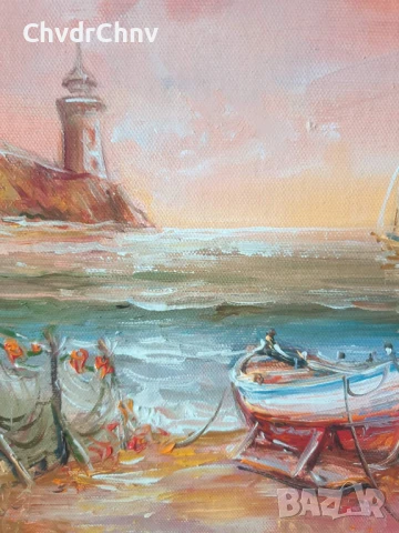 Димитър Генев 33x27см/малка българска картина масло върху платно/морски пейзаж/рибарски лодки-фар, снимка 4 - Картини - 51153061