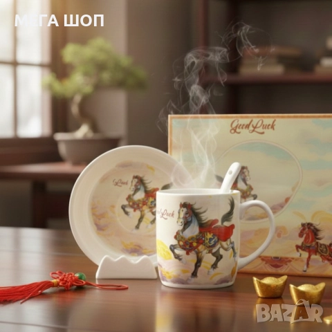 Подаръчен късметлийски порцеланов комплект – чаша, чинийка и лъжичка с празничен дизайн на коне