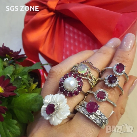 СРЕБЪРЕН ПРЪСТЕН С ПЕРЛИ, ОБКРАЧЕНИ ОТ САПФИРИ ИЛИ РУБИНИ, ТАЙЛАНД, снимка 5 - Пръстени - 52317817