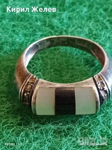 Винтидж сребърен пръстен с инкростация на ОНИКС и СЕДЕФ с марказити отстрани 52823, снимка 3 - Пръстени - 52934015