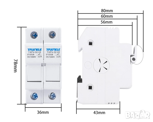 Taxnele 2P паралелен DC държач за предпазители за соларни фотоволтаични системи 10*38 мм DC 1000V, снимка 4 - Друга електроника - 52702189