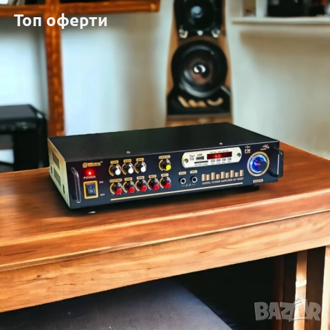 Bluetooth Домашен Усилвател UKC AV-102BT – 2×100W, USB, SD, FM Радио, Караоке, 5 Канала, Дистанционн