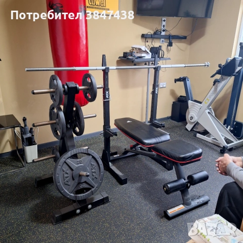 Комплект ца фитнес. Лост, дискове, лежанка, поставка за дискове, стойки за клек 