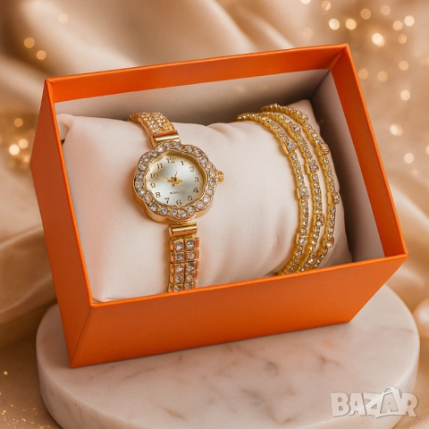 Елегантен дамски комплект – кварцов часовник с гривни в подаръчна кутия