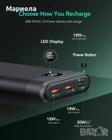 Charmast Power Bank 30000mAh, 20W Power Delivery QC 3.0 USB C Battery Pack Quick Charge Portable , снимка 4 - Външни батерии - 43382922