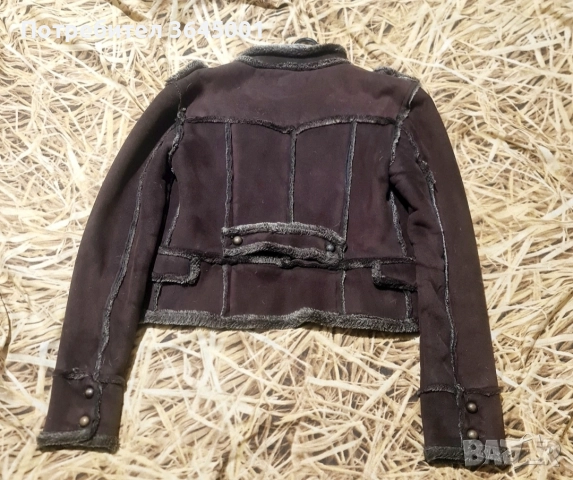 Дамско кафяво късо кожухче, втален модел-тип "шинел". XS-S , снимка 6 - Якета - 52997799