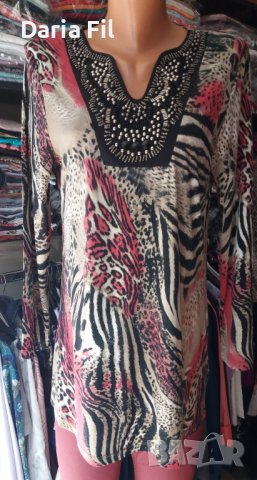 Блуза в червено-бежови цветове с остро деколте, обшито с черни камъчета и синци, снимка 2 - Блузи с дълъг ръкав и пуловери - 38421096