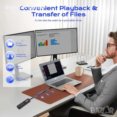 64GB диктофон с технология за намаляване на шума, с изкуствен интелект, снимка 4 - Други - 51581786