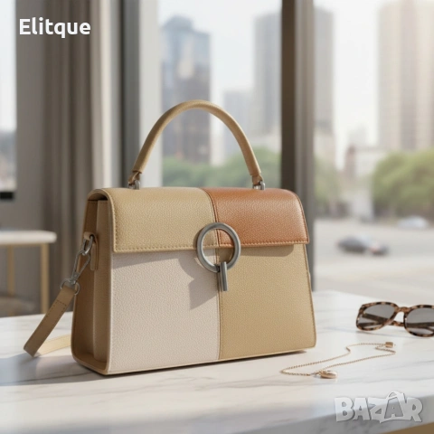 Многоцветна дамска чанта с метална тока и дълга дръжка, снимка 3 - Чанти - 53424822