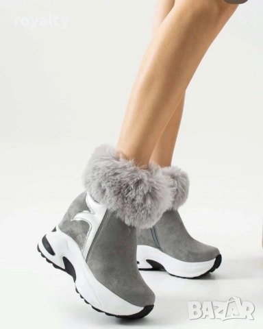 Боти на платформа - сив велур с пух