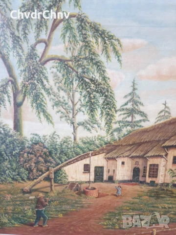 76х56см ферма/голяма картина масло върху платно/къща-хора-кладенец/дървена рамка, снимка 4 - Картини - 50896410