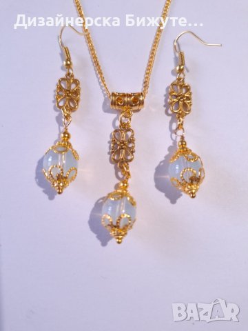 Прекрасен комплект бижута обеци и колие със скъпоценни камъни Опал и филигранни орнаменти цвят злато, снимка 7 - Бижутерийни комплекти - 43414640