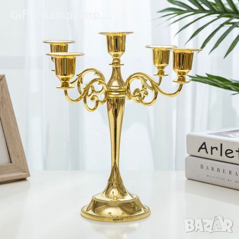 Метален свещик за три или пет свещи в златно, снимка 4 - Декорация за дома - 42956507