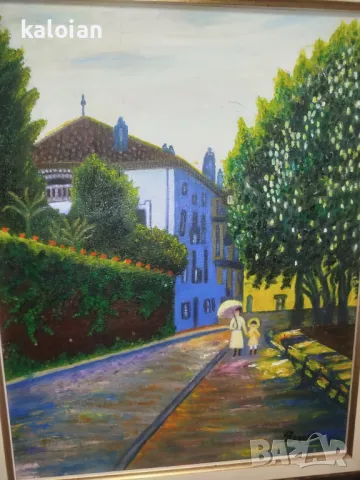 Масло на платно. Подписана испанска картина. Стилна рамка с размери от снимките. Цена 100 лв. Пълен , снимка 3 - Картини - 49785557