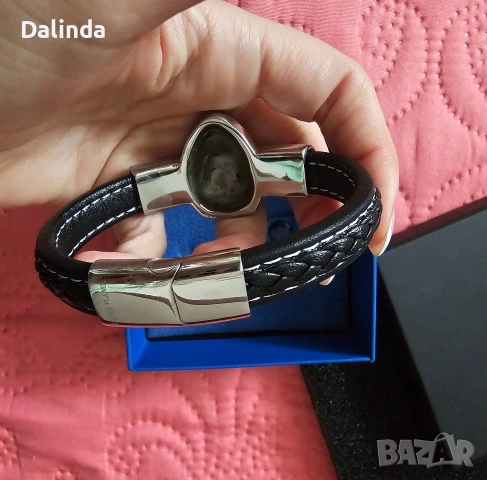 Мъжка гривна от естествена кожа, сребро и стомана. , снимка 3 - Гривни - 53443523