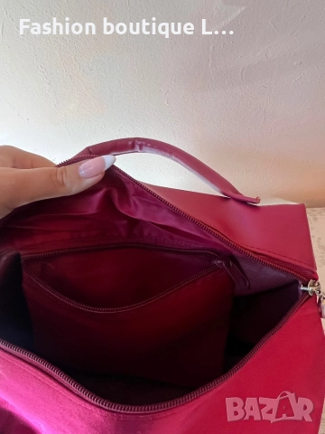 Червена дамска чанта с кожени елементи и джоб с цип ❤️, снимка 5 - Чанти - 52178447