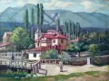 Картина, пейзаж, къщи, худ. С. Стоянов, 1947 г., снимка 1