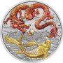 Сребро 1 oz Дракон и риба Кой Оцветена Червено и Златно 2023
