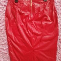Червена кожена пола със златен цип, снимка 1 - Поли - 38126131