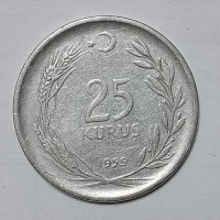 Турция 25 куруша 1959 д1, снимка 1 - Нумизматика и бонистика - 39069206