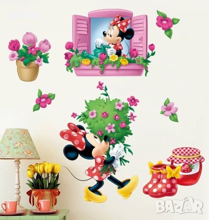Мини Маус Minnie с цветя самозалепващ стикер лепенка за стена и мебел, снимка 1