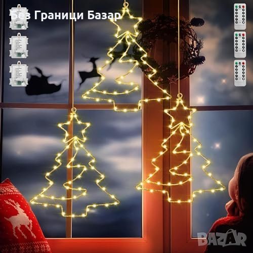 Нови 3 броя 180 LED Коледни Светлини за Прозорец, Водоустойчиви Елха Украса, снимка 1