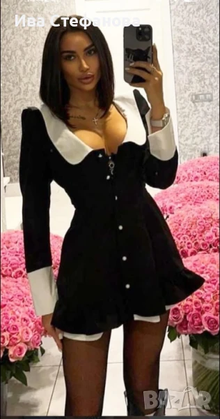 Нова луксозна класическа изчистена черна къса рокля бяла яка офис стил . Размер S ще стане и за Хс р, снимка 1