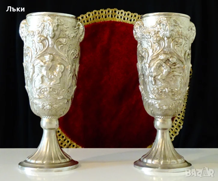 Бокал от калай,чаша за вино,глава на Овен,Ангели,барок., снимка 1