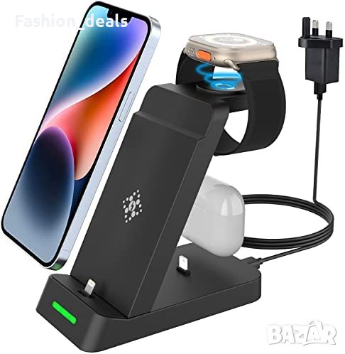 3 в 1 Нова стойка зарядно телефон слушалки часовник Магнитна станция iPhone Apple Watch AirPods, снимка 1