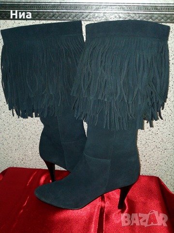 Apart-Тъмносини ботуши от естествен велур с ресни № 41,стелка 27 см, снимка 1