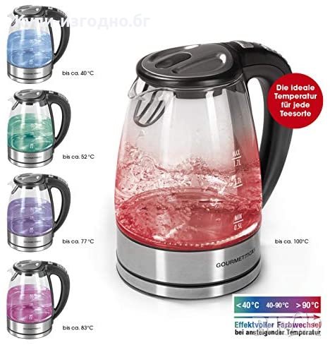  GOURMETmaxx Стъклена LED кана за вода / Избор на температура 1,7 L 2000 W Неръждаема стомана, снимка 1