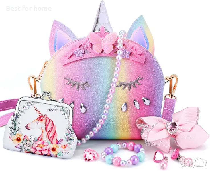 Комплект от детска чанта, портфейл и бижута за момичета-еднорог JYPS, снимка 1