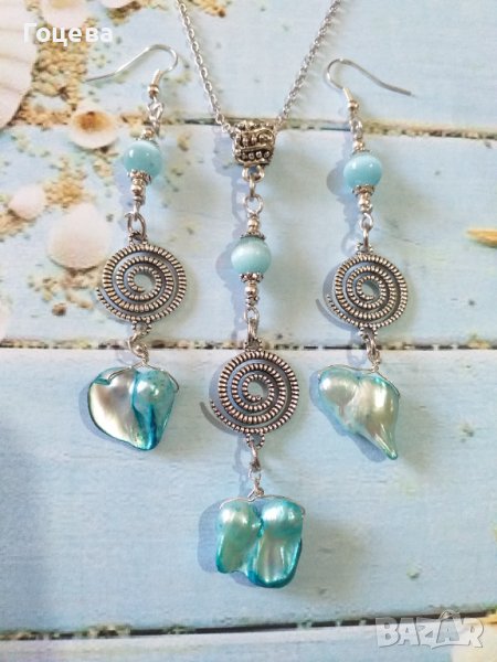 Красив комплект бижута със сини речни перли и камъни Хризоберил с орнаменти в цвят Сребро , снимка 1