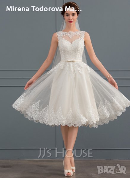 Сватбена рокля от тюл с А-силует илюзия до коляното с лъка(и), снимка 1