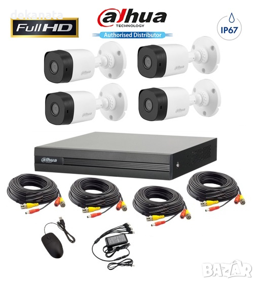 DAHUA FULL-HD Комплект видеонаблюдение с 4 камери, пентабриден DVR, кабели, захранване, снимка 1