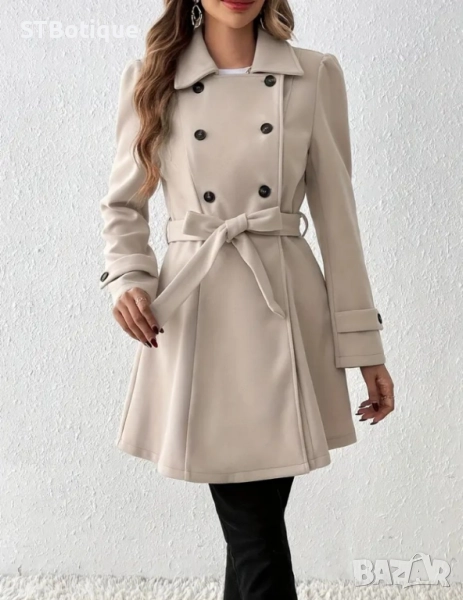 🌸 STBoutique – Елегантно дамско дълго палто с колан – Бежов 🌸, снимка 1