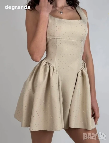 Кукленска рокля с камъчета в бяло бежаво и черно , снимка 1