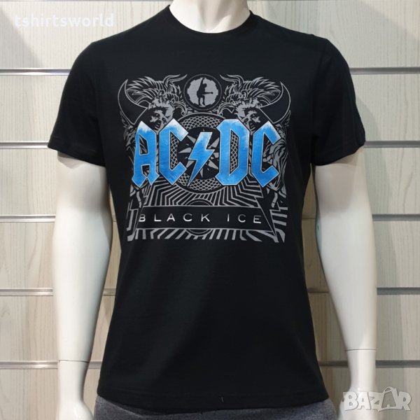 Нова мъжка тениска с дигитален печат на музикалната група AC/DC - Black Ice със син надпис , снимка 1