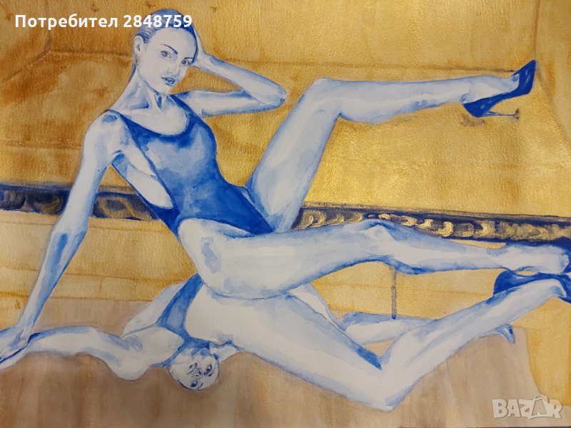 Мечта в синьо, картина, акварел и златен акрил, 76/56 , снимка 1