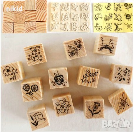 12 бр гумирани дървени печати печата цветя за бисквитки картички и др украса 