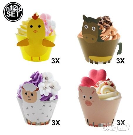 Домашни животни ферма 12 бр декори кошнички украса декорация за мъфини кексчета торта и парти