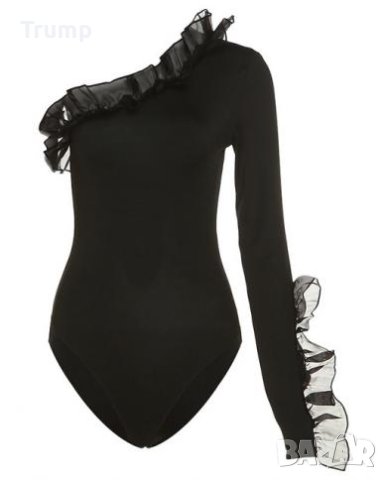 -50% Ефектно боди , един ръкав, с къдри, снимка 2 - Корсети, бюстиета, топове - 43680970