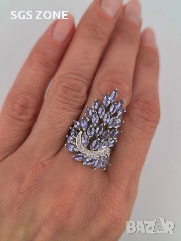 ОРИГИНАЛЕН СРЕБЪРЕН ПРЪСТЕН С ТАНЗАНИТ, снимка 3 - Пръстени - 52403346