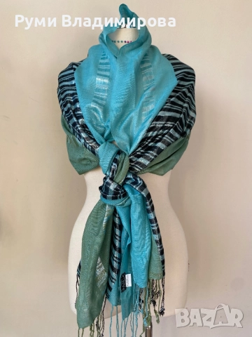 Тюркоазено син шал от коприна, пашмина, памук/ ралични видове, снимка 7 - Шалове - 47418018