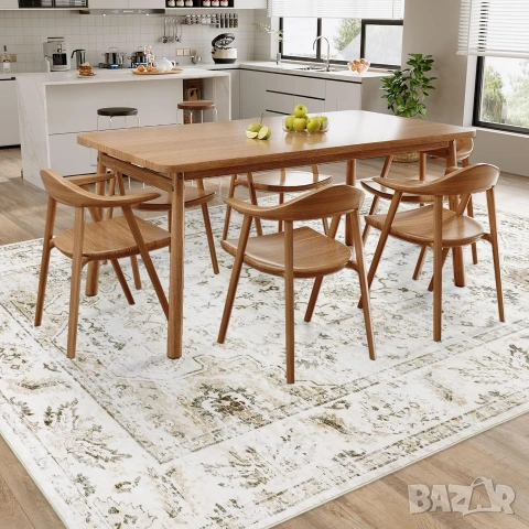 Голям килим Homcomodar 200x300см, Бежов, Перящ се, Винтидж дизайн, снимка 6 - Килими - 53238054